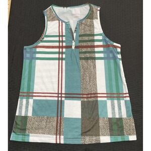 Tank Top Womens Large Green Plaid Henley Sleeveless Stretch Shirt Top Casual